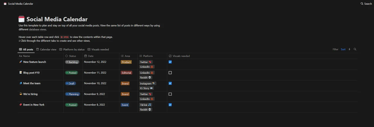 Notion Control Panel Digital Marketing Tool