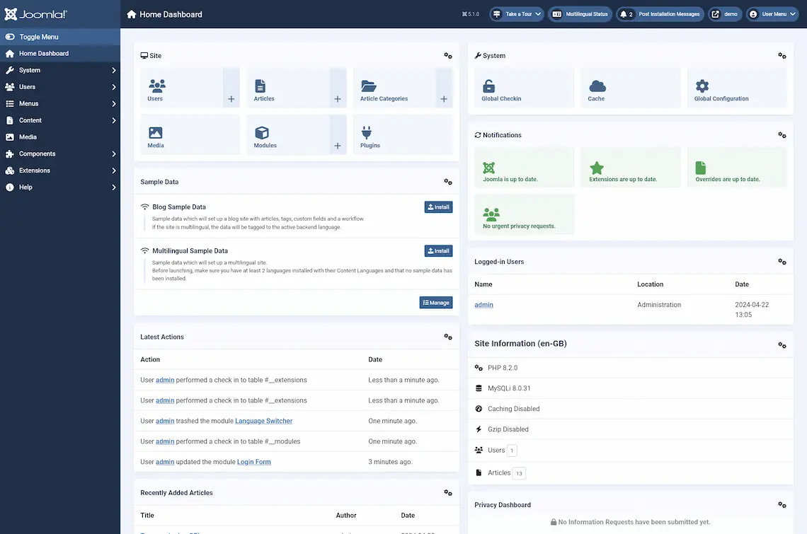 Joomla Home Dashboard