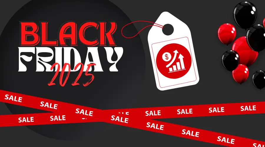 Black Friday 2025: Promotional banner with discount price tag, red and black balloons, and SALE ribbons