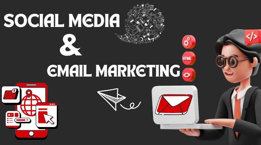 Social Media & Email Marketing illustration featuring 3D female character holding tablet with red email icon, smartphone with notifications, HTML and coding badges, paper plane, and cloud with social media icons
