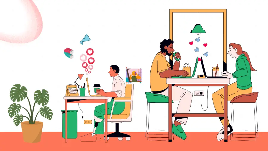 People_in_front_of_computer_talking_with_laptops_emoji_likes_comments_viral_enganging_follow