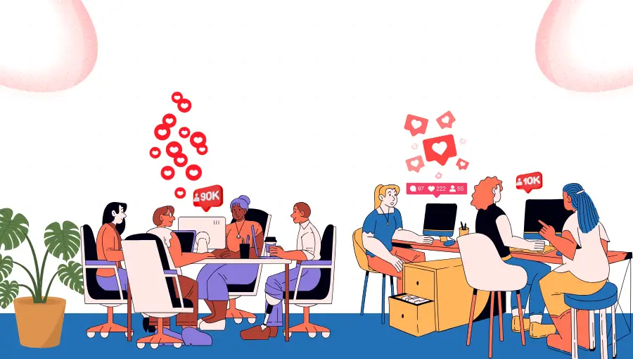 People_in_front_of_computers_talking_with_laptops_desks_emoji_likes_comments_viral_enganging_follow